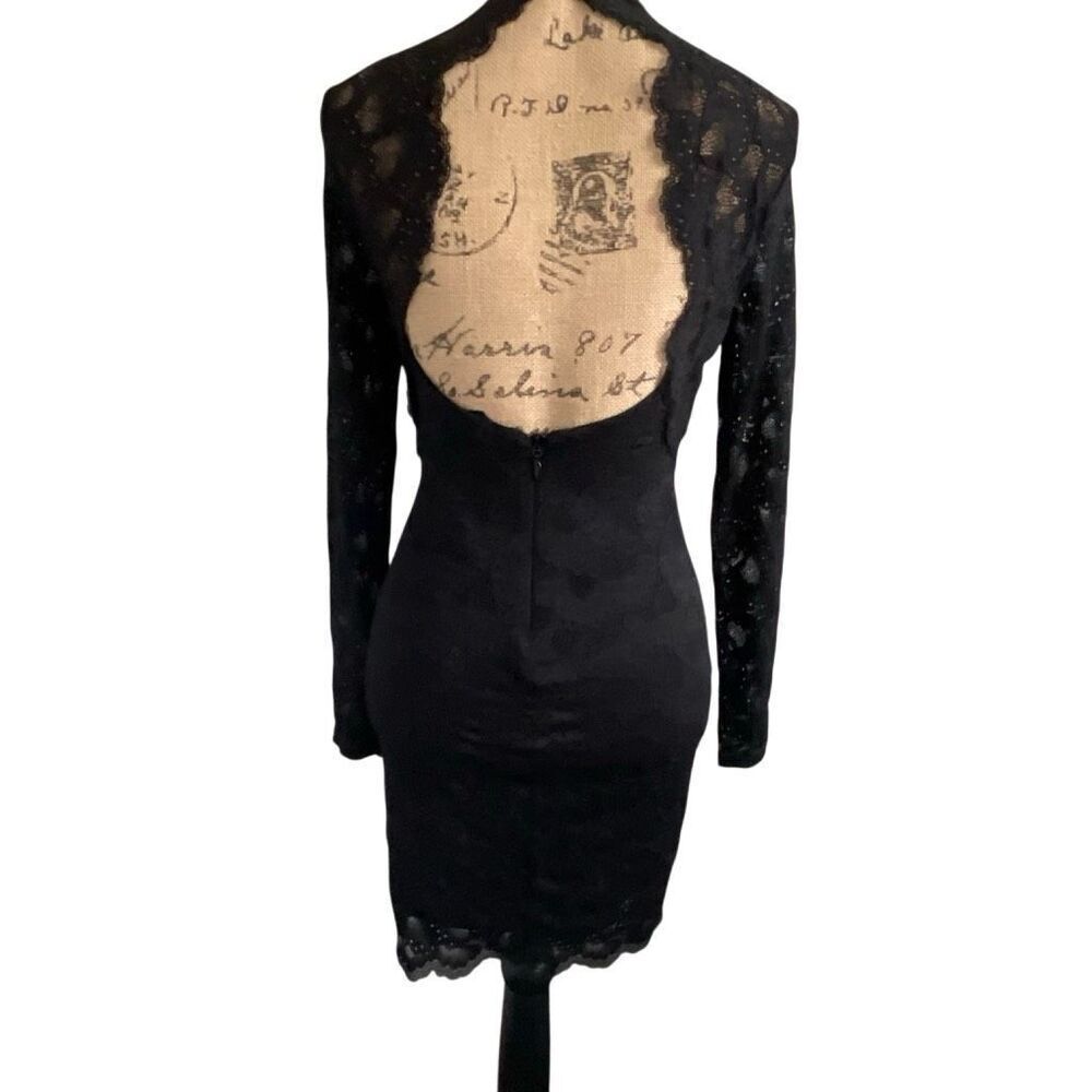 EUC Bebe Lace Long Sleeve High Neck Open Back Bodycon Black Mini Dress XS - Picture 8 of 11